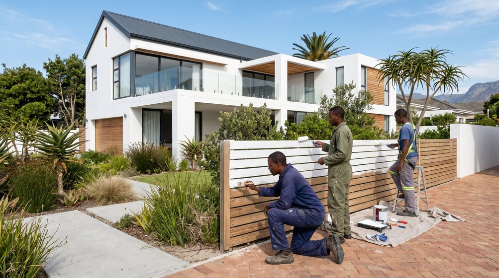 Professional fence painters painting a wooden fence at a Northern Suburbs home in Vredehoek